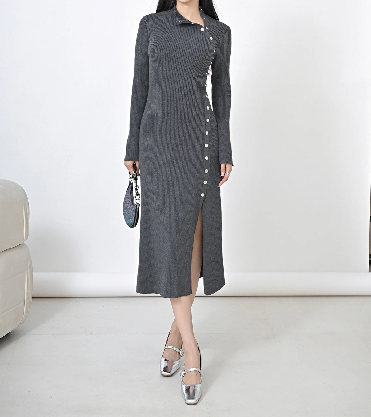 French Style Niche Long Sleeved Waist Bag Button Up Dress for Winter Paired with A Coat and A Slim Fit Over The Knee Vestidos