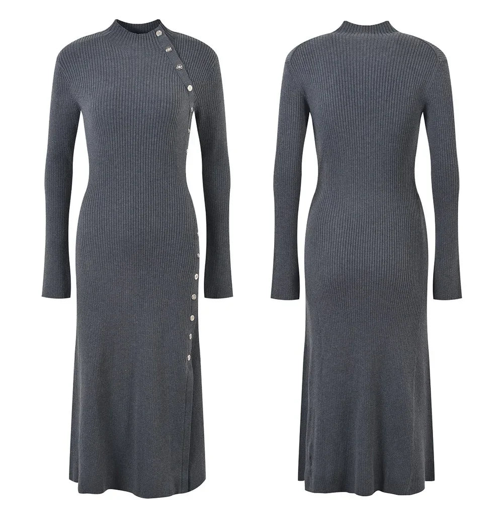 French Style Niche Long Sleeved Waist Bag Button Up Dress for Winter Paired with A Coat and A Slim Fit Over The Knee Vestidos
