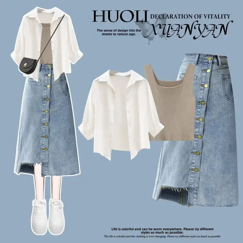 2024 New Summer Women's Suit Inner Striped Vest Denim Skirt Three-piece Set White Shirt Women's Fashion Matching Outfit