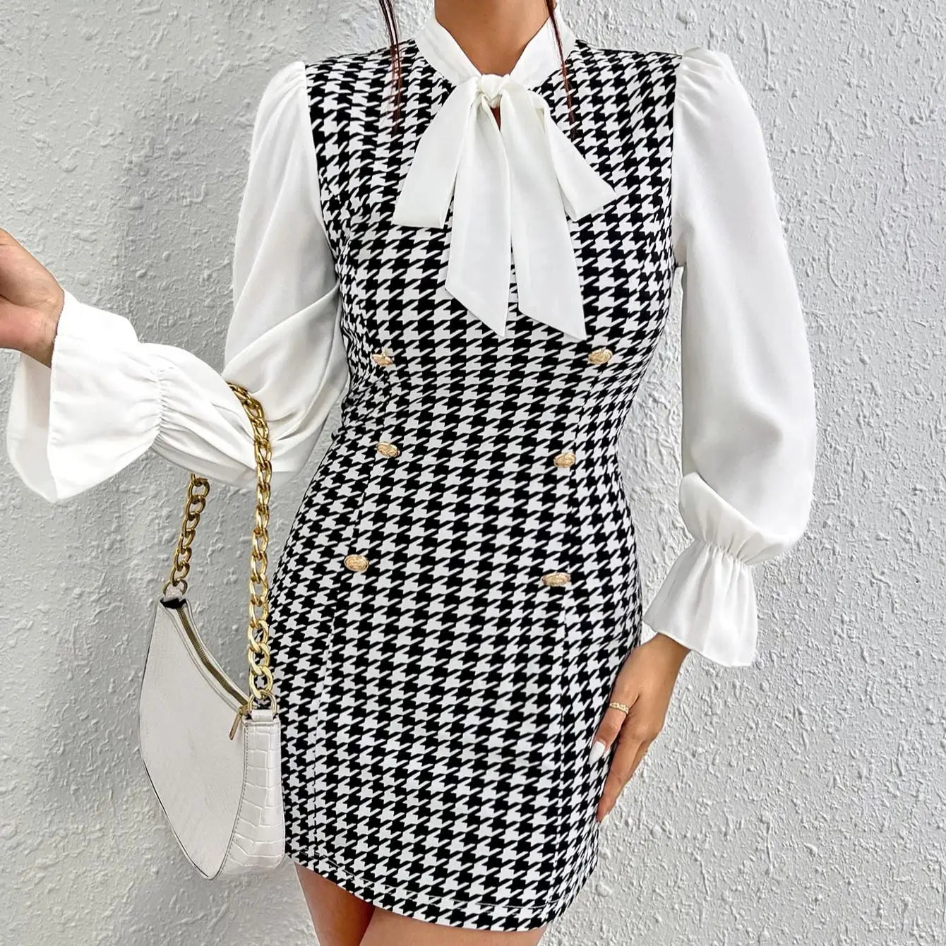 Sexy Temperament New Color Contrast Print Casual Summer Bow Tie Slim Long-sleeved Dress