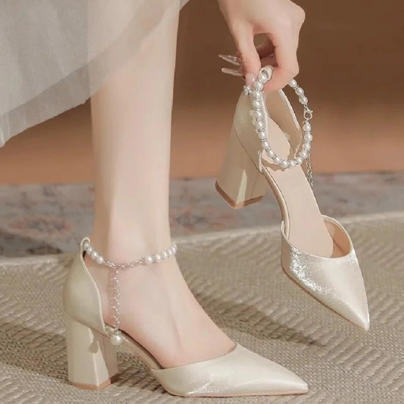 Pearl-Embellished Satin Bridal Heels