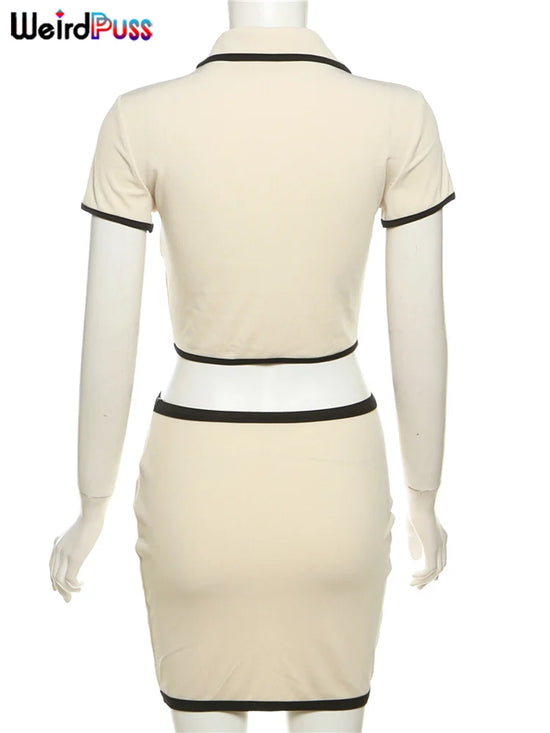 2 Piece Set Polo Neck Button Tops+Mini Skirts