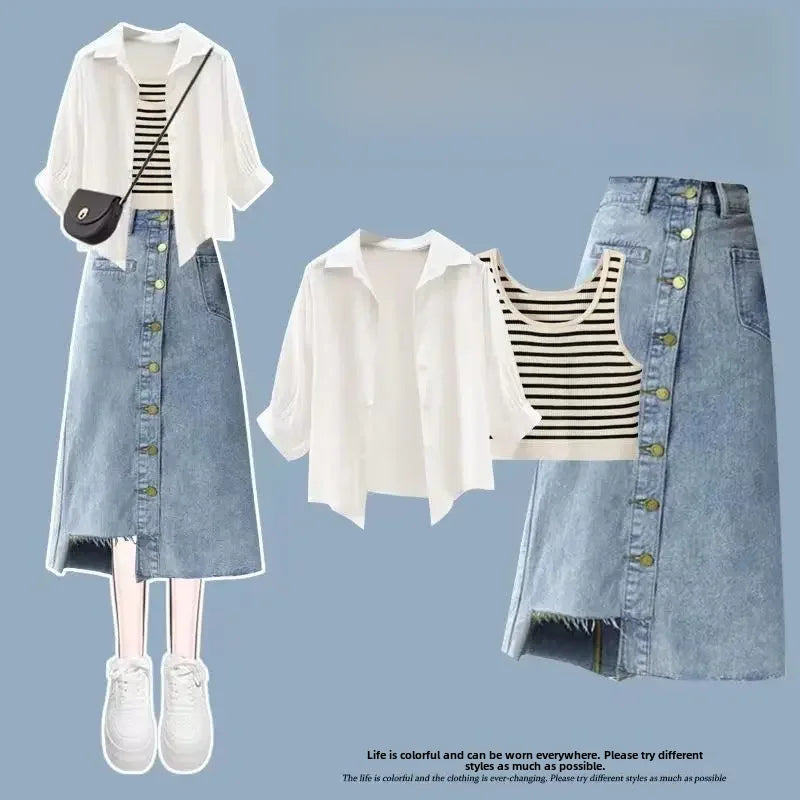2024 New Summer Women's Suit Inner Striped Vest Denim Skirt Three-piece Set White Shirt Women's Fashion Matching Outfit