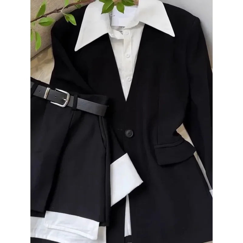 Women's Autumn Salt-tone Solid Color Lightweight Chic Blazer Shorts 2-piece Set Industrial Style Black Suit Shorts