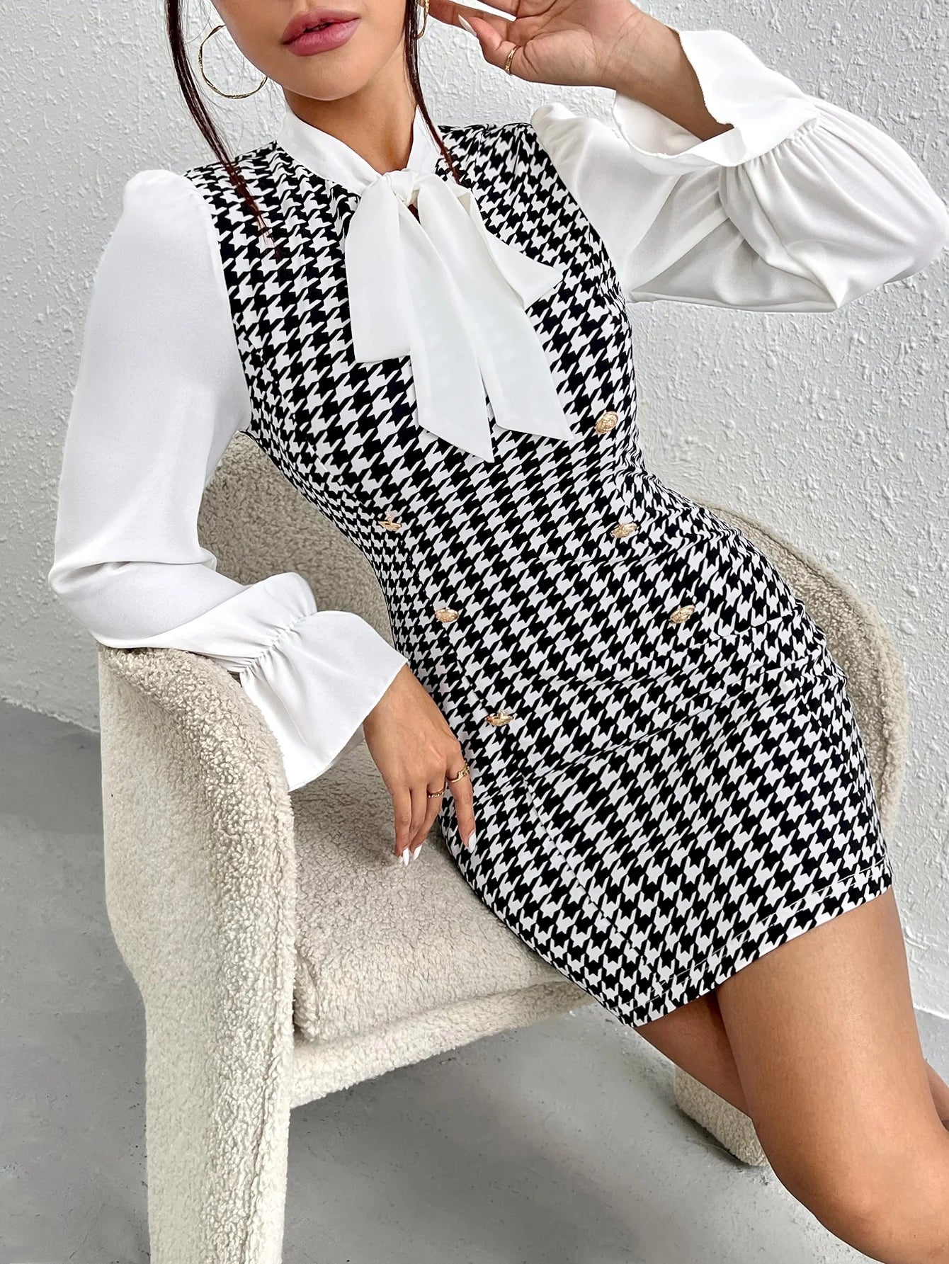 Sexy Temperament New Color Contrast Print Casual Summer Bow Tie Slim Long-sleeved Dress