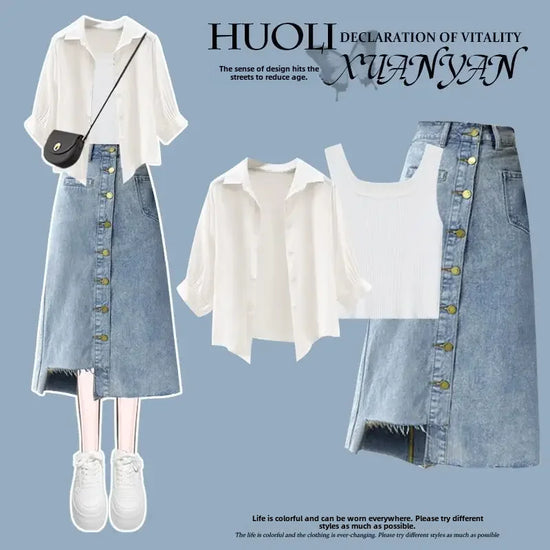 2024 New Summer Women's Suit Inner Striped Vest Denim Skirt Three-piece Set White Shirt Women's Fashion Matching Outfit