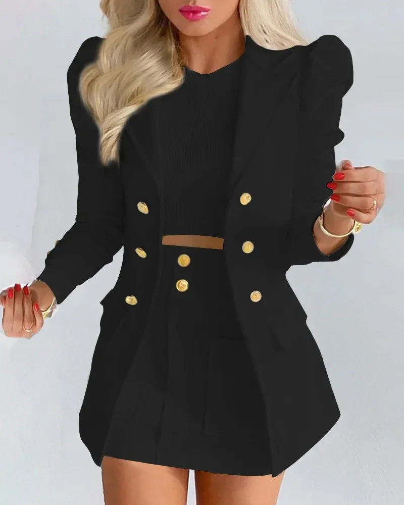 Elegant Mini Dress For Women 2022 Spring Solid Color Long Sleeve Small Suit Casual Fashionable Commuting Skirt Set