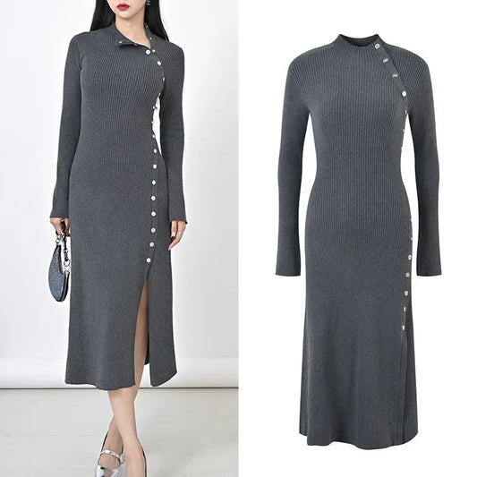 French Style Niche Long Sleeved Waist Bag Button Up Dress for Winter Paired with A Coat and A Slim Fit Over The Knee Vestidos