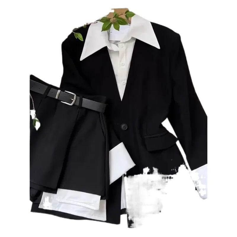 Women's Autumn Salt-tone Solid Color Lightweight Chic Blazer Shorts 2-piece Set Industrial Style Black Suit Shorts