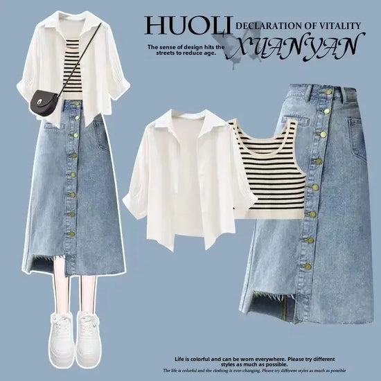 2024 New Summer Women's Suit Inner Striped Vest Denim Skirt Three-piece Set White Shirt Women's Fashion Matching Outfit