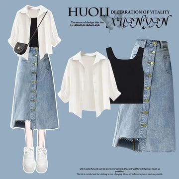 White shirt + black vest + Denim skirt three-piece set