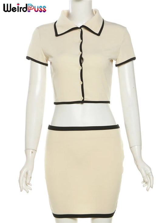 2 Piece Set Polo Neck Button Tops+Mini Skirts