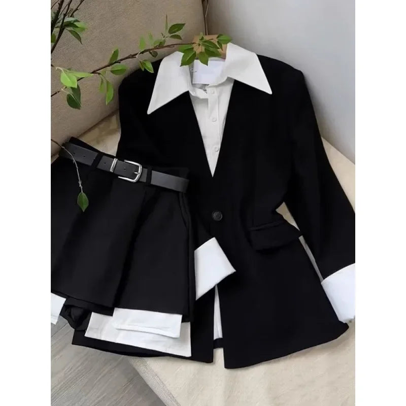 Women's Autumn Salt-tone Solid Color Lightweight Chic Blazer Shorts 2-piece Set Industrial Style Black Suit Shorts
