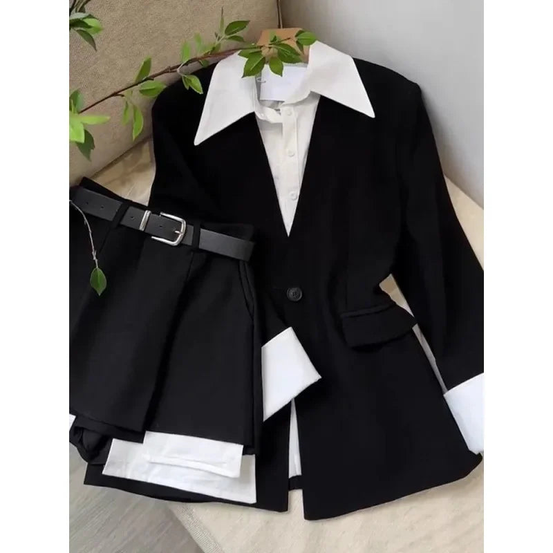 Women's Autumn Salt-tone Solid Color Lightweight Chic Blazer Shorts 2-piece Set Industrial Style Black Suit Shorts