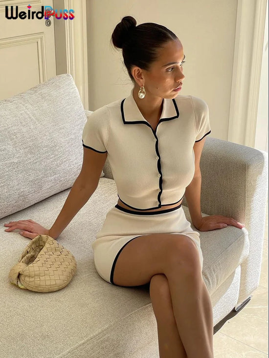 2 Piece Set Polo Neck Button Tops+Mini Skirts