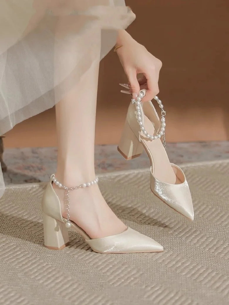 Pearl-Embellished Satin Bridal Heels