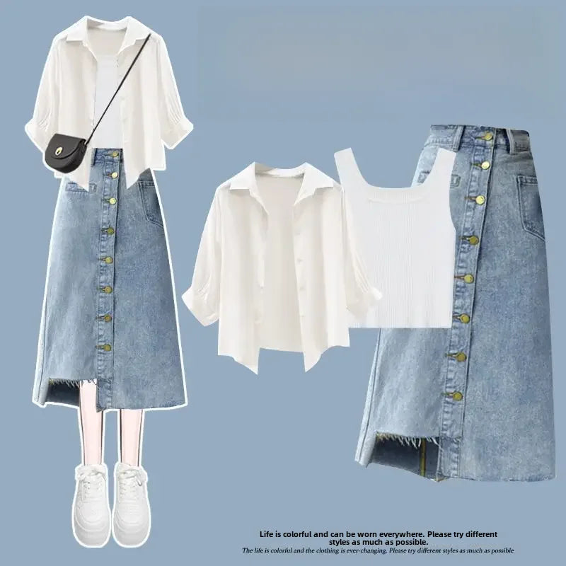 2024 New Summer Women's Suit Inner Striped Vest Denim Skirt Three-piece Set White Shirt Women's Fashion Matching Outfit