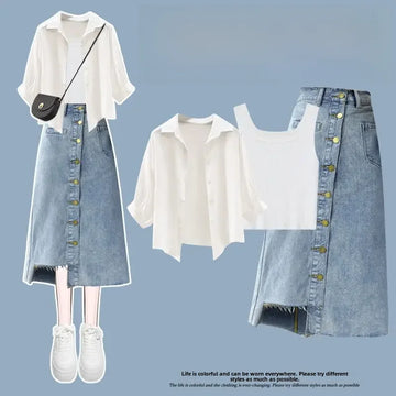White shirt + white vest + Denim skirt three-piece set
