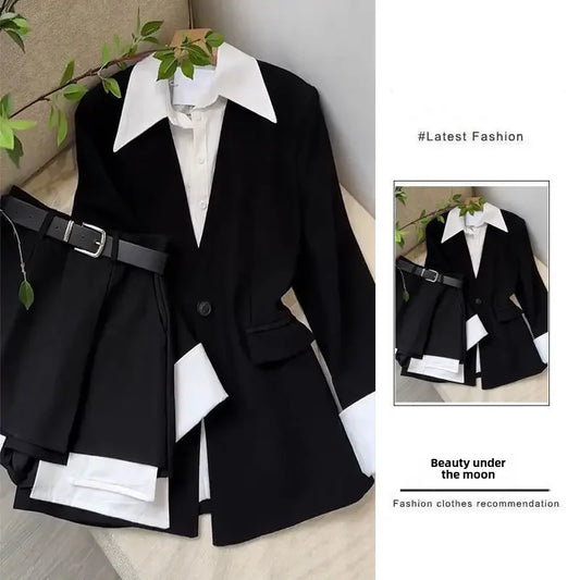 Women's Autumn Salt-tone Solid Color Lightweight Chic Blazer Shorts 2-piece Set Industrial Style Black Suit Shorts