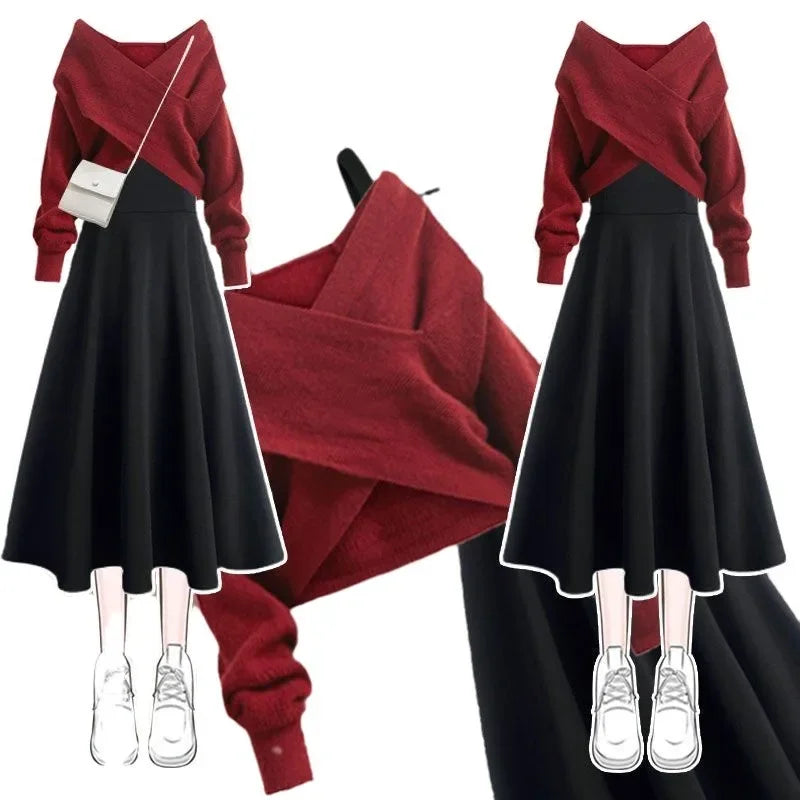2024 New Style Autumn Winter Matching Suit Gentle Cross Sweater Slimming Versatile Dress 2-piece Set For Men And Women