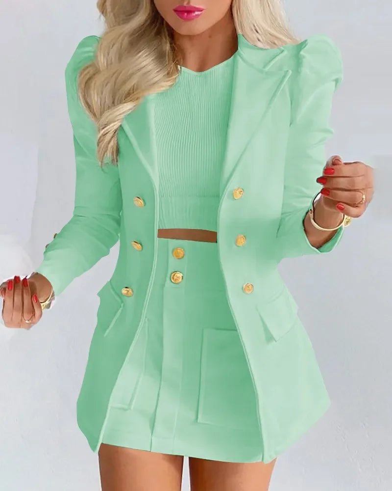 Elegant Mini Dress For Women 2022 Spring Solid Color Long Sleeve Small Suit Casual Fashionable Commuting Skirt Set