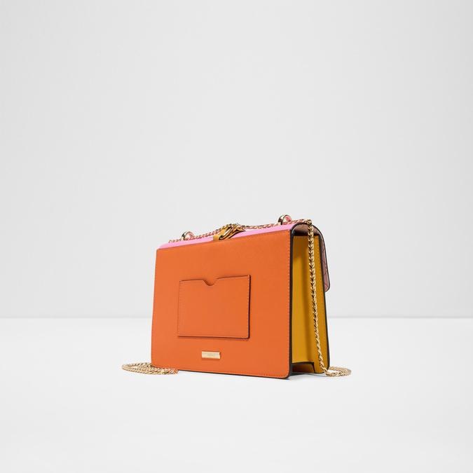 Pink and white handbag with gold chain on a light gray background