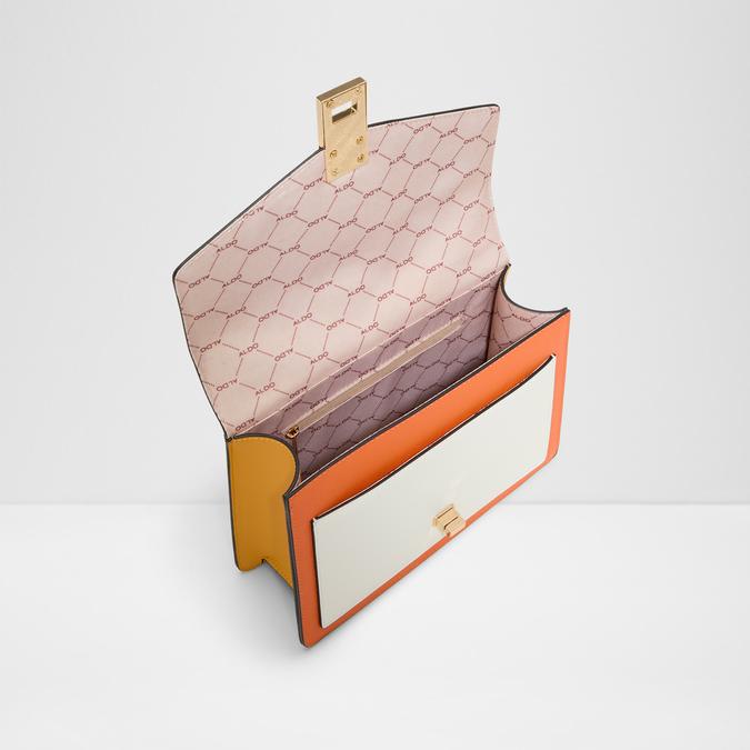 Pink and white handbag with gold chain on a light gray background